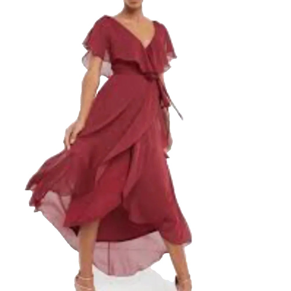 ASOS Cape Back Dipped Hem Maxi Dress Size 2 Burgundy Wrap Ruffle Lined NWOT